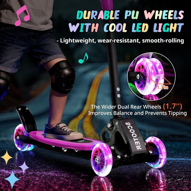 Detalle de Kick Scooter for Kids Ages 3–7 (Three-Wheel Light-Up, Lean-to-Steer, Foldable, Dual Rear Wheels)