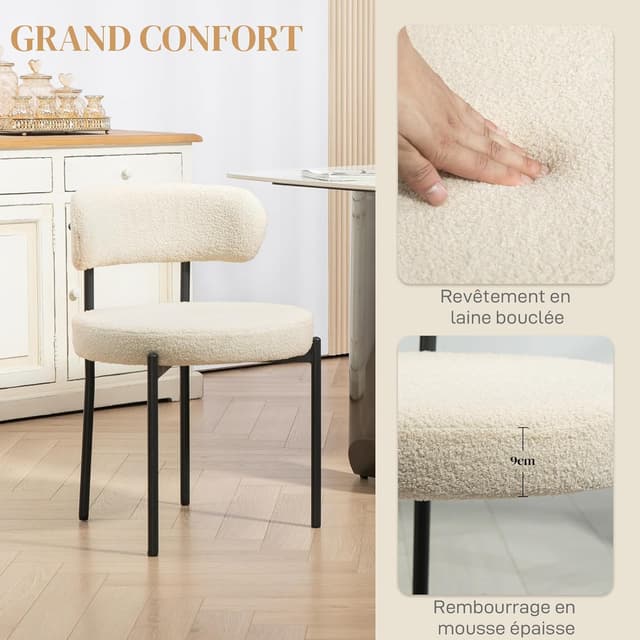 Detalle de HOMCOM lot de 2 chaises de salle à manger beige rembourrées dossier et pieds acier noir