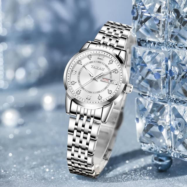 Detalle de Taxau Damenuhr Armbanduhren Silber – klassische Quarz-Uhr mit Edelstahlband, Kalender und 3ATM Spritzwasserschutz