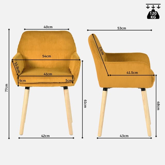 Detalle de MEUBLE COSY set di 2 sedie da pranzo scandinave in velluto a coste giallo con braccioli e gambe in legno massello