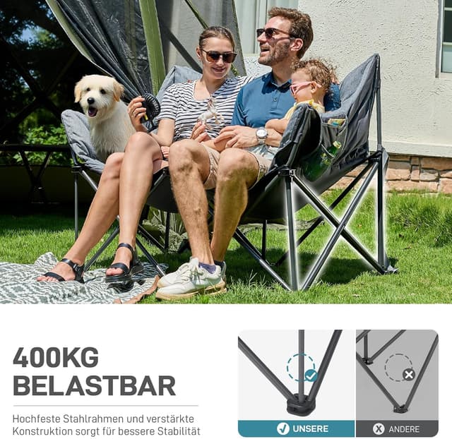 Detalle de EVER ADVANCED Campingstuhl faltbar 145 cm breit: 2-Sitzer Campingsofa mit hoher Lehne, bis 400 kg belastbar