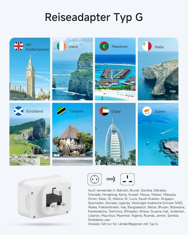 Detalle 2 de LENCENT Reiseadapter UK Deutschland Typ G