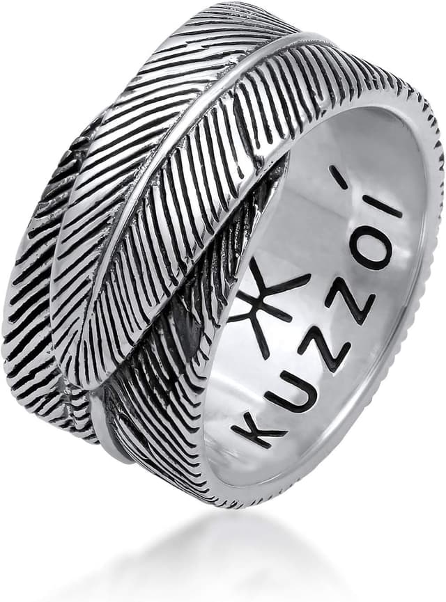 Detalle de Kuzzoi Massiver Herrenring (14 mm) im Feder Design, schwarz oxidiert – Bandring aus 925 Sterling Silber, Ringgröße 60–66