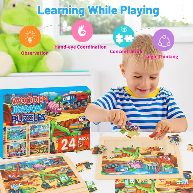 Detalle de Puzzles for Kids Ages 4–6: 24-Piece Toddler Puzzles Set (4 Packs) for Construction & Vehicles
