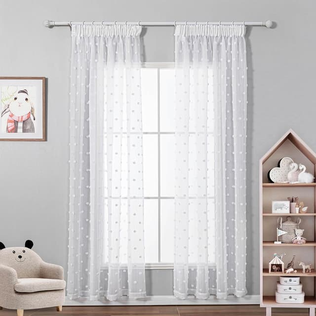 Detalle de MYSKY HOME Gardine Weiß 2er-Set mit Kräuselband – halbtransparenter Voile für Kinderzimmer & Wohnzimmer (H 225 x B 140 cm)