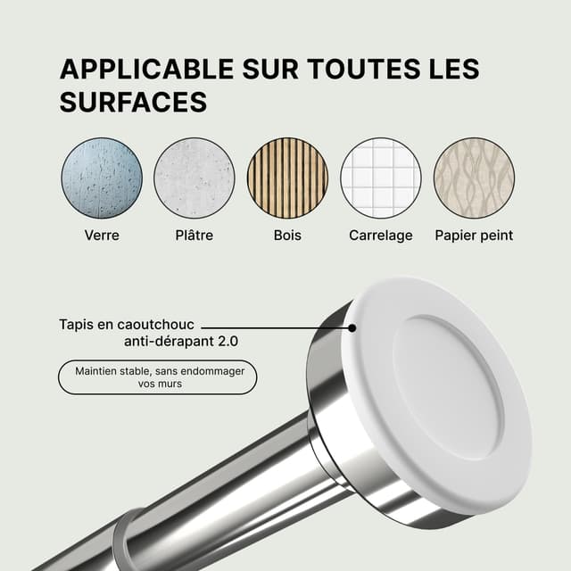 Detalle 2 de MEISENBERG lot de 2 tringles à rideaux extensibles sans perçage 50 à 80 cm, acier inoxydable, Ø25 mm