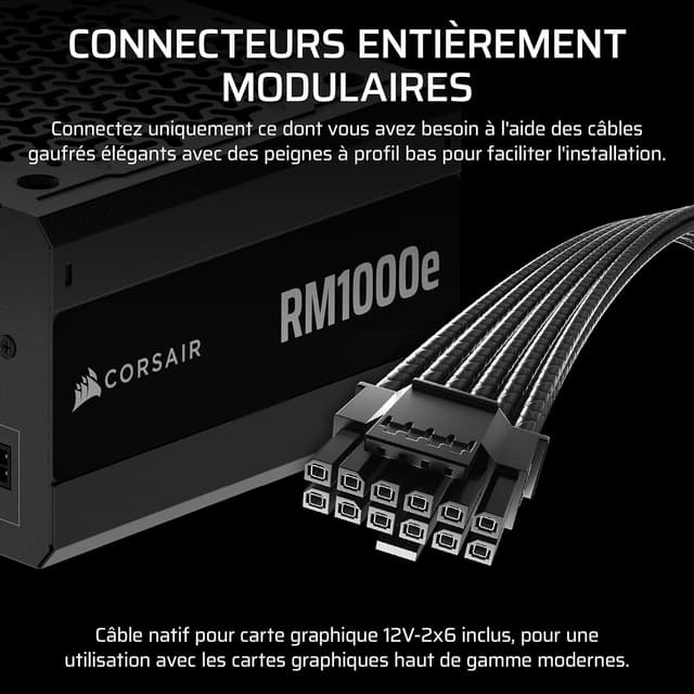 Detalle 2 de Corsair RM1000e (2025) — Alimentation ATX 1000W entièrement modulaire silencieuse, compatible ATX 3.1 et PCIe 5.1