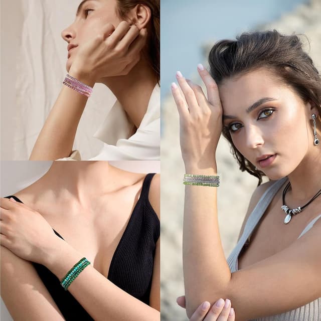 Detalle de JENCVNL Damen Kristall-Perlenarmband im Boho-Stil, mehrlagig, elastisch