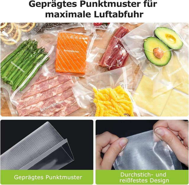 Detalle 2 de Bonsenkitchen Vakuumrollen 20/25/28 x 300 cm (3 Rollen) – Profi-Vakuumierfolie für Vakuumierer