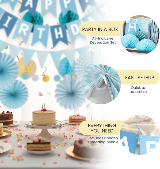 Detalle de Meowoo Geburtstagsdeko in Blau – Happy Birthday Girlande, Wimpelkette, Wabenblumen und Papierfächer (wiederverwendbar)