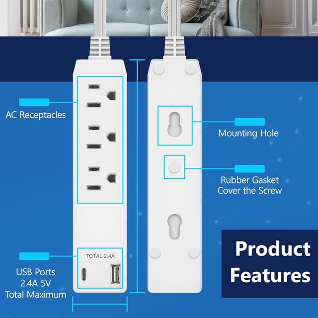 Detalle de LIDER Outlet Extender with 3 Receptacles and USB (Type-A + Type-C) – Ultra-Thin Wall Plate Plug with 3ft Cord, 12W, White