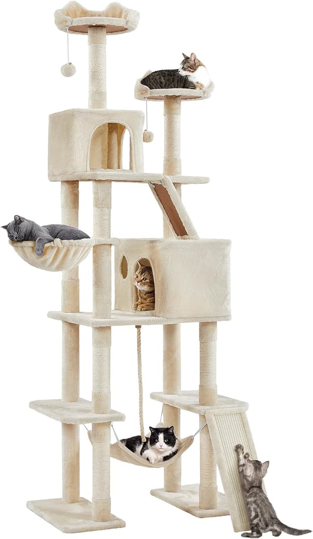 Detalle de Yaheetech Arbre à Chat Géant 209 cm avec poteaux en sisal, 2 perchoirs, niches et hamac