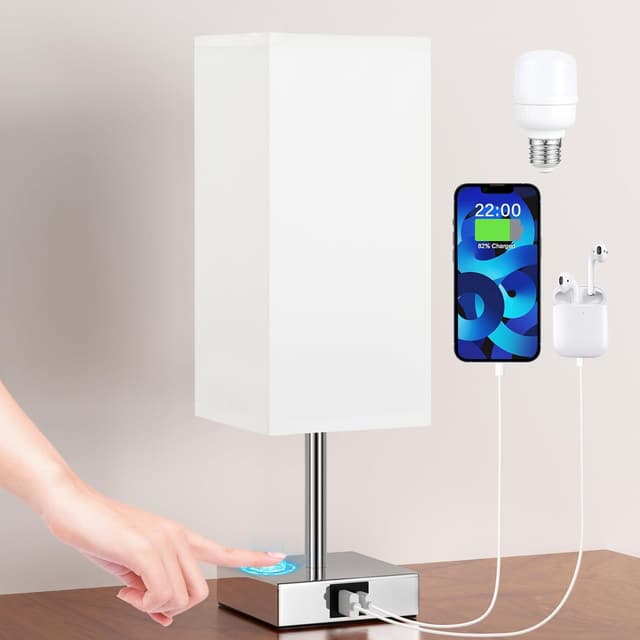 Detalle de Aooshine Bedside Lamp with Touch Control and Dual USB A+C Charging (3-way dimmable, white fabric shade)