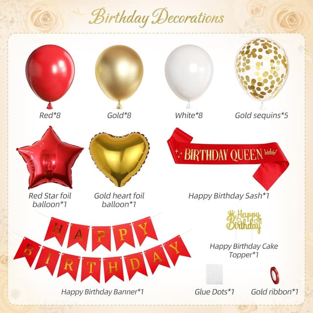 Detalle de WEQTWL Red and Gold Birthday Party Decorations with Happy Birthday Banner, Balloons and Cake Topper