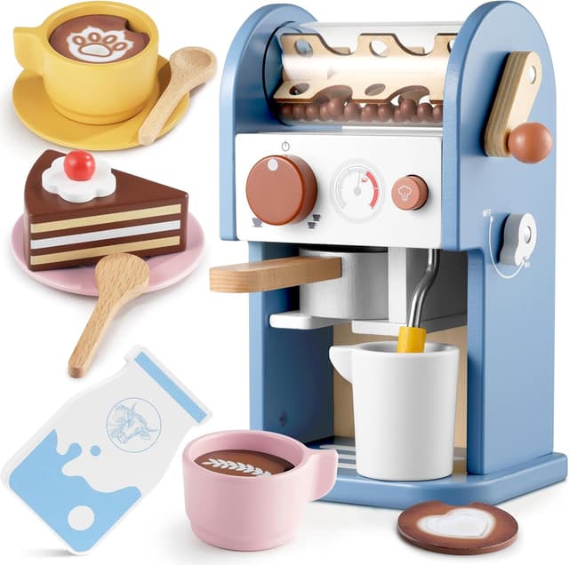 GAGAKU Kinder-Kaffeemaschine aus Holz mit Sound und Zubehör (15-teilig) – Spielküche für Barista-Rollenspiel ab 3 Jahre, blau