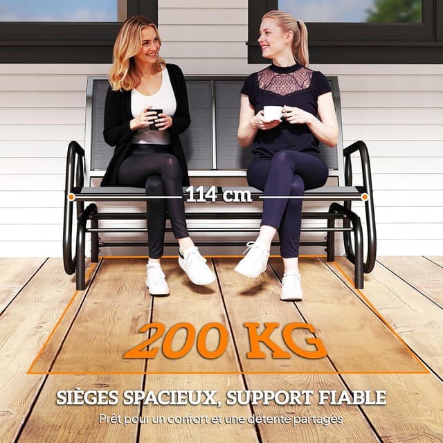 Thumbnail 6 de Outsunny Banc à bascule de jardin 2 places design contemporain grand confort avec accoudoirs gris