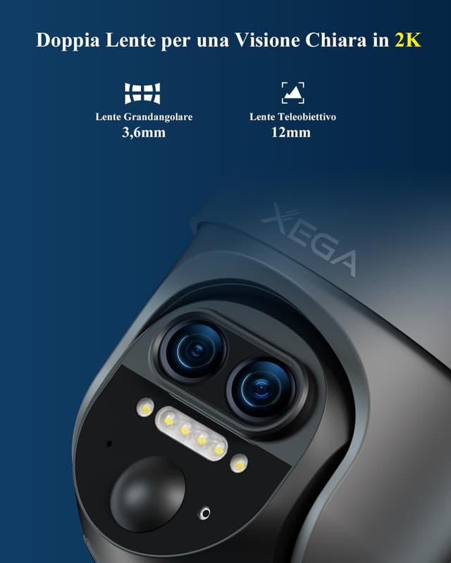 Detalle de Xega 4G LTE telecamera esterna con SIM, zoom 12X 2K, pannello solare e visione notturna a colori