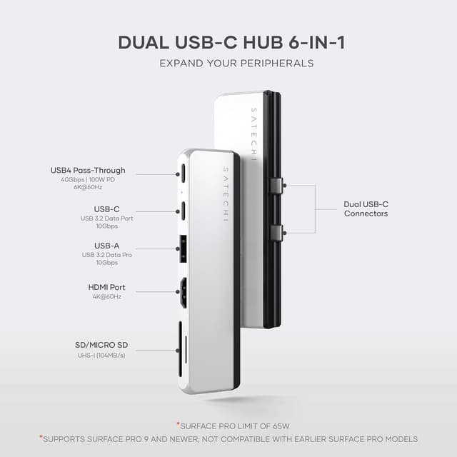 Detalle 2 de Satechi USB-C Dual Hub 6-in-1 für Surface (USB4 100W, 40 Gbps) mit HDMI & SD/microSD