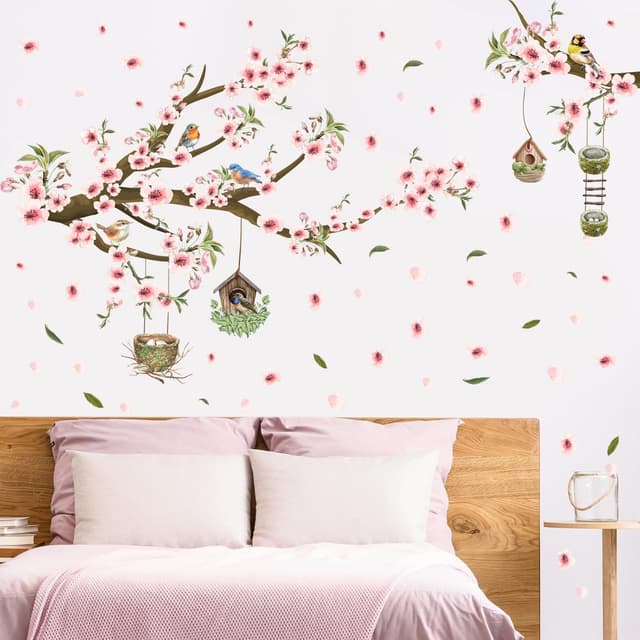 Detalle 2 de HPNIUB Pink Flower Tree Branch Birds Wall Stickers (84 x 30cm) for Bedroom, Living Room & Office