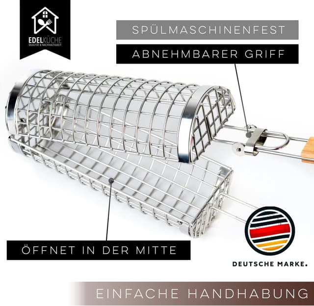 Detalle de EdelKüche Premium Grillkorb aus Edelstahl (XXL, rund, zylindrisch) – abnehmbarer Griff