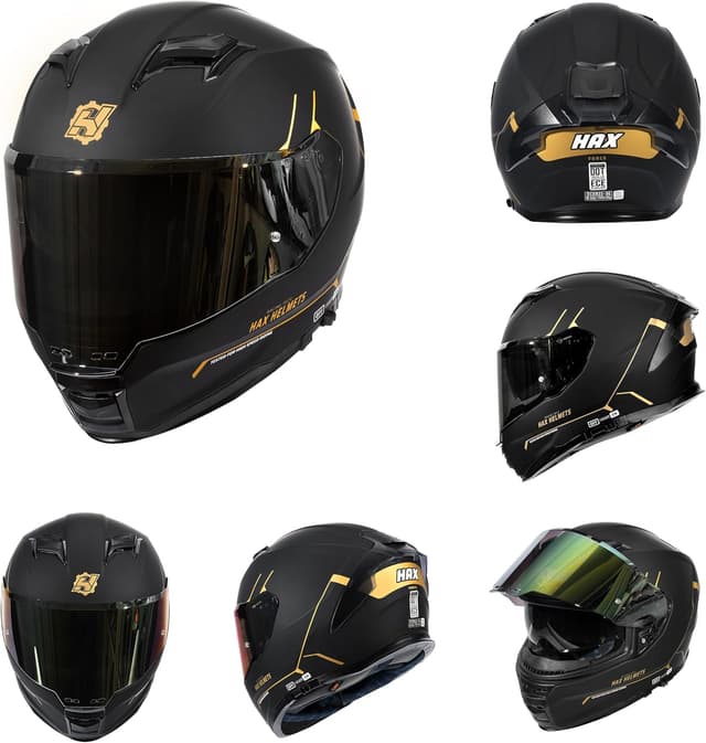 Detalle de HAX Force Aerodynamic Full Face Helmet (DOT & ECE 22.06) with Enhanced Dual Visor — Matte Black Gold — Adult Size M