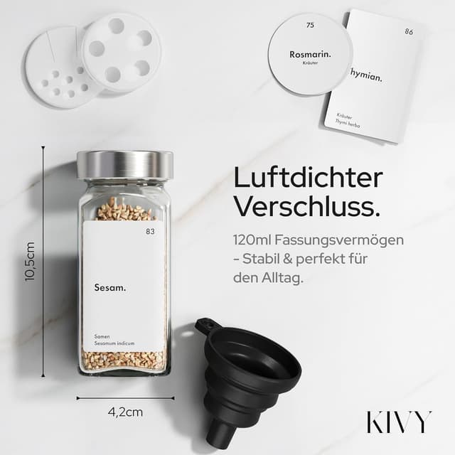 Detalle de KIVY eckige Gewürzgläser mit Streueinsatz (24 x 120 ml) inkl. wasserfester Etiketten