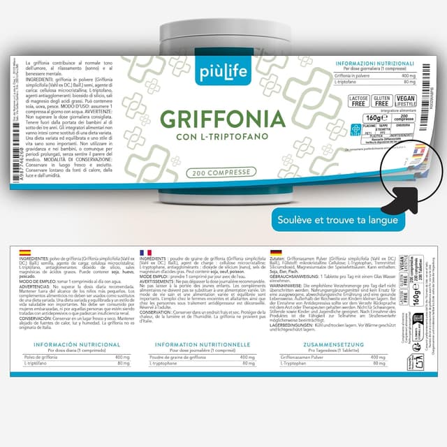 Thumbnail 6 de Griffonia Simplicifolia Tryptophane PiùLife 400 mg – extrait végétal source de tryptophane