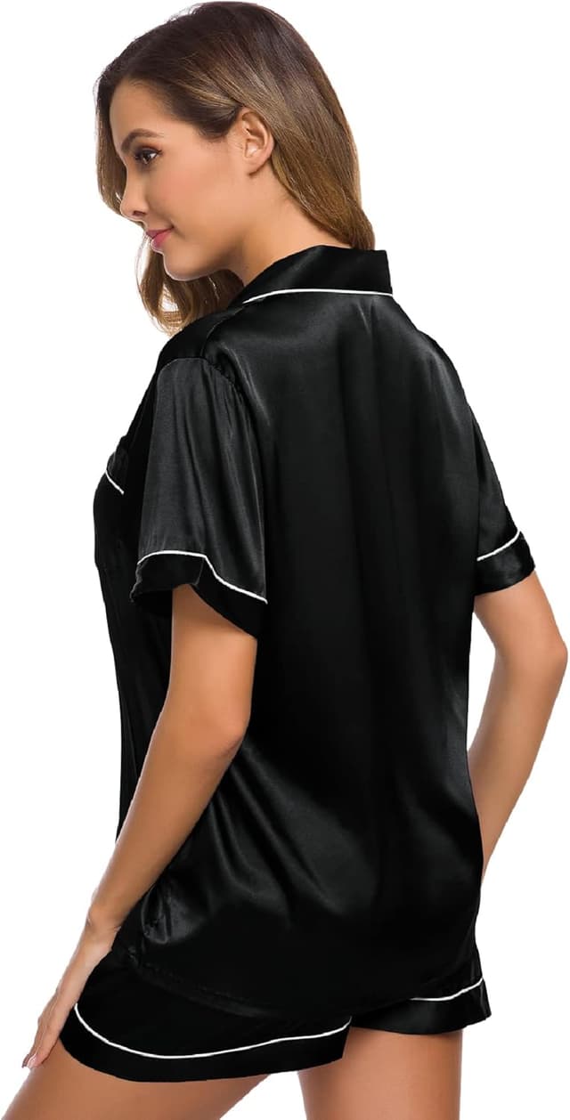 Detalle de SWOMOG Satin Pyjama Damen Kurz-Schlafanzug mit Knopf – Zweiteiliges Set aus Satin