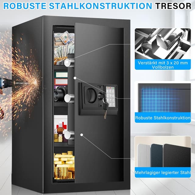 Detalle 2 de 80L Digitaler Safe Tresor für Zuhause mit Feuerfester Tasche, Alarm & Silent-Modus sowie externer Batteriebox