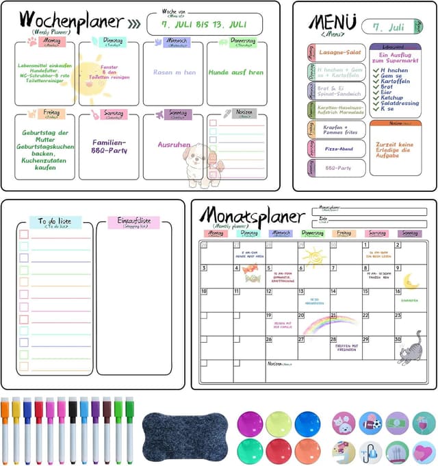 Detalle de Prelisee 4er Set Magnetischer Whiteboard-Wochenplaner (bilingual DE/EN) für Kühlschrank, 42×30 cm