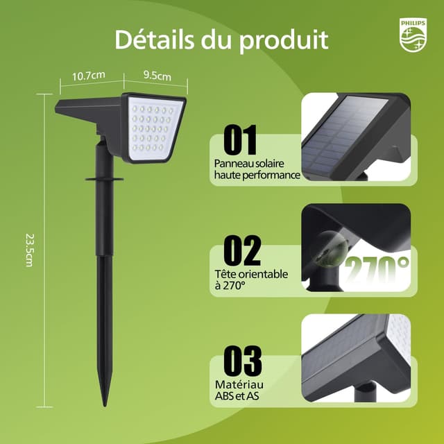 Detalle de Philips lot de 4 projecteurs spots solaires extérieurs étanches avec 28 LED 7500K et fonction crépuscule à l’aube