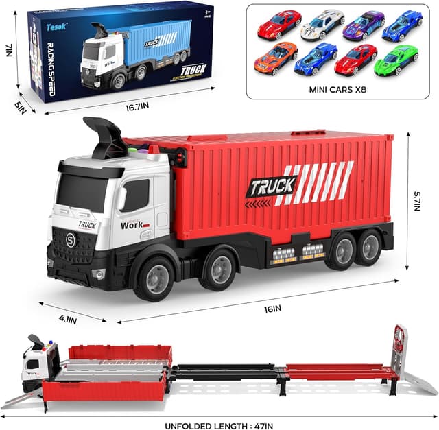 Detalle 2 de Transport Truck Toy for Boys & Girls with 8 Race Cars and Ejecting Dual Tracks (Portable Carrier Truck Set)
