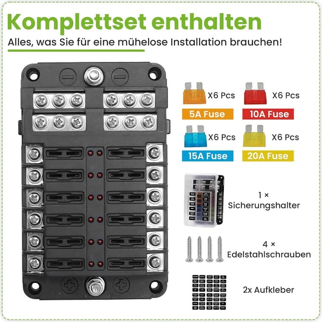 Thumbnail 6 de Offgridtec 12-fach Sicherungshalter mit LED-Anzeige, LED-Fehlererkennung und PBT-Gehäuse (inkl. 24 Flachsicherungen)