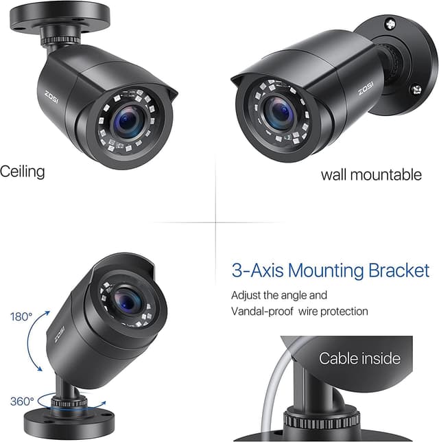 Detalle de ZOSI 4 Pack 2MP 1080p HD-TVI Outdoor/Indoor Bullet Security Cameras (Black) with IR Night Vision