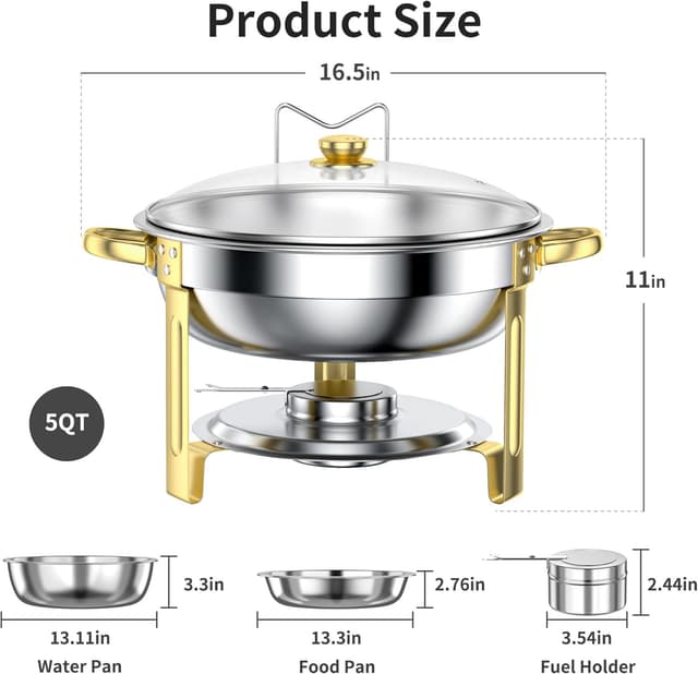 Detalle 1 de GGIU 5-Quart Round Chafing Dish Buffet Set with Lids (Pre-Installed) for Catering