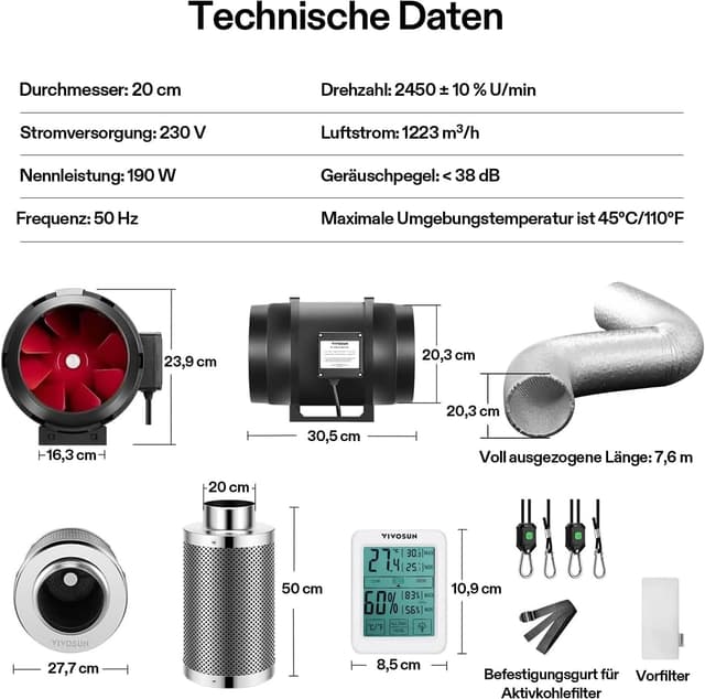 Thumbnail 6 de VIVOSUN Ventilatore Inline a Canale 200 mm con aspiratore 1223 m³/h, filtro a carbone attivo e sensore temperatura-umidità per grow tent