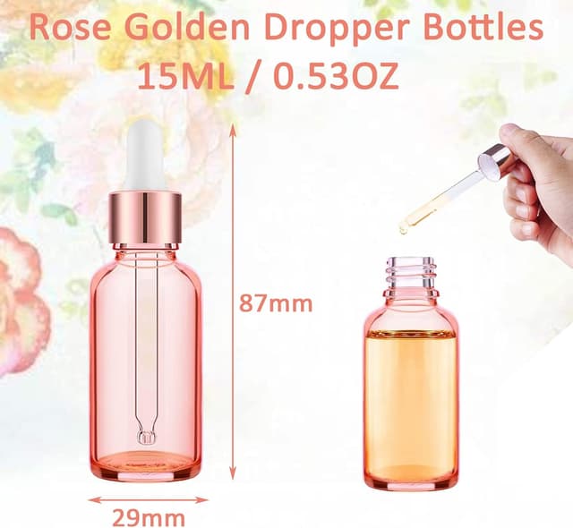 Detalle de Alledomain 6x 15ml Rose Gold Glass Dropper Bottles with Pipettes and Labels