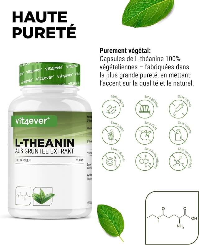 Detalle de L-Théanine vit4ever 180 gélules (750 mg par portion journalière) – extrait naturel de thé vert, végétalien