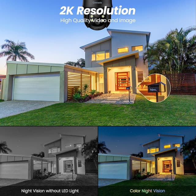 Detalle 2 de Cinnado Solar Überwachungskamera Aussen 2K WLAN 360° PTZ mit PIR, IP65 und Akku (Schwarz)