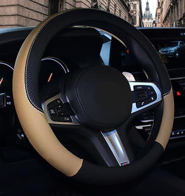 Detalle de Microfibre Leather Steering Wheel Cover Wavy Line Splice X-Stitch (Beige) – universal fit for 37–38cm wheels