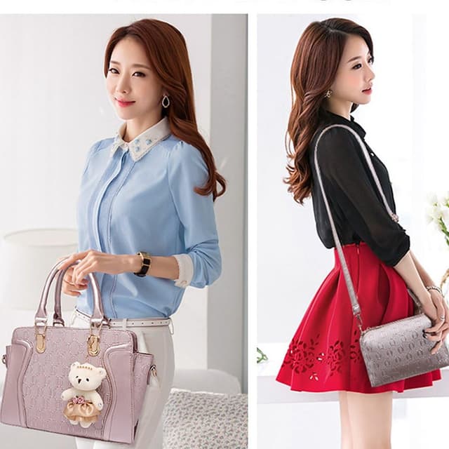 Detalle de MORGLOVE 4-Piece Gold PU Leather Handbag Set (Top Handle, Shoulder & Card Purse)