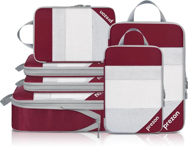 Detalle de Prezon Versatile 6-Set Compression Hollow Packing Cubes with Full Open Visible Design (Burgundy)