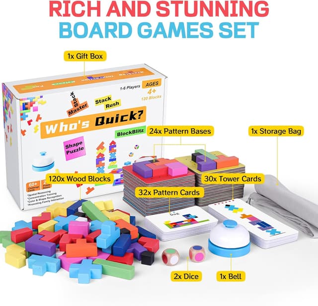 Detalle 2 de QianShouYan Wooden Block Stacking Games (120-Piece) 4-in-1 Fast-Paced Building Block Board Game for Kids 4+ (1–6 Players)
