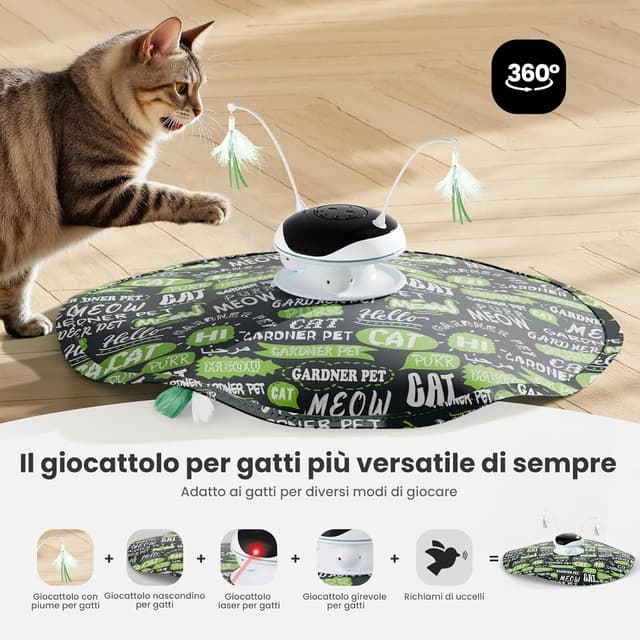 Detalle 2 de Gardner Pet Giocattolo per Gatti 5 in 1 elettrico interattivo automatico (verde) con piume, laser e suoni