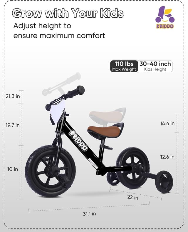 Detalle 2 de KRIDDO 2-in-1 Kids Tricycle and Toddler Balance Bike (18 Months–3 Years) with Detachable Pedals and Stowable Training Wheels, Black