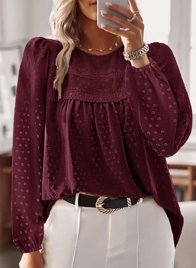 Detalle de TUUHAW Langarmshirt Damen Boho-Tunika mit Rundhals & Häkelapplikation