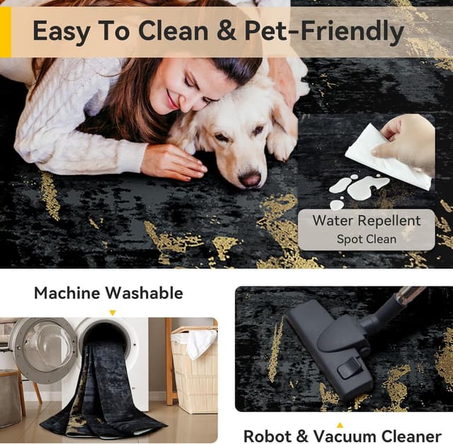 Detalle de RELEANY Washable Area Rug 5'x7' Non-Slip Modern Abstract (Dark Black Gold)