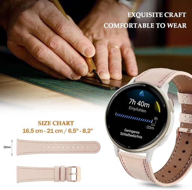 Detalle de Bracelet cuir 20 mm compatible Garmin Vivoactive 5/6, Venu 2 Plus, Venu Sq 2 et Vívomove 3 44 mm