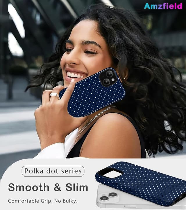 Detalle 2 de Amzfield iPhone 15 Dual-Layer Case (Navy Polka Dot Retro) – Hybrid Protection