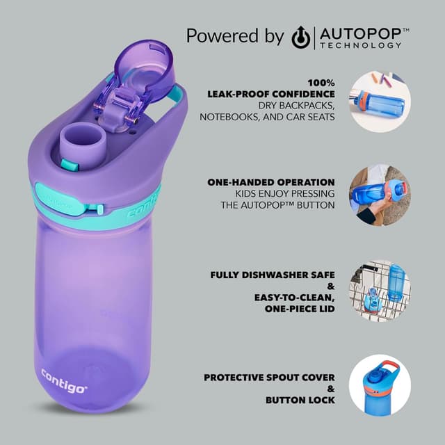 Detalle de Contigo Jessie Autopop – borraccia per bambini 420 ml, a prova di perdite, lavabile in lavastoviglie
